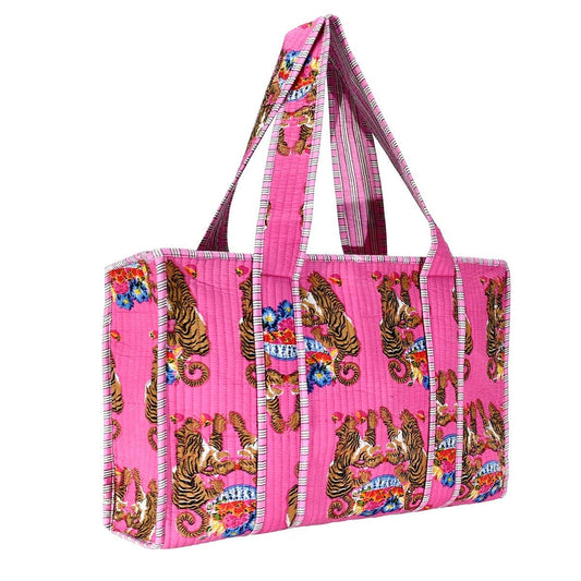 Cotton Block Print Tote Bag - Hot Pink