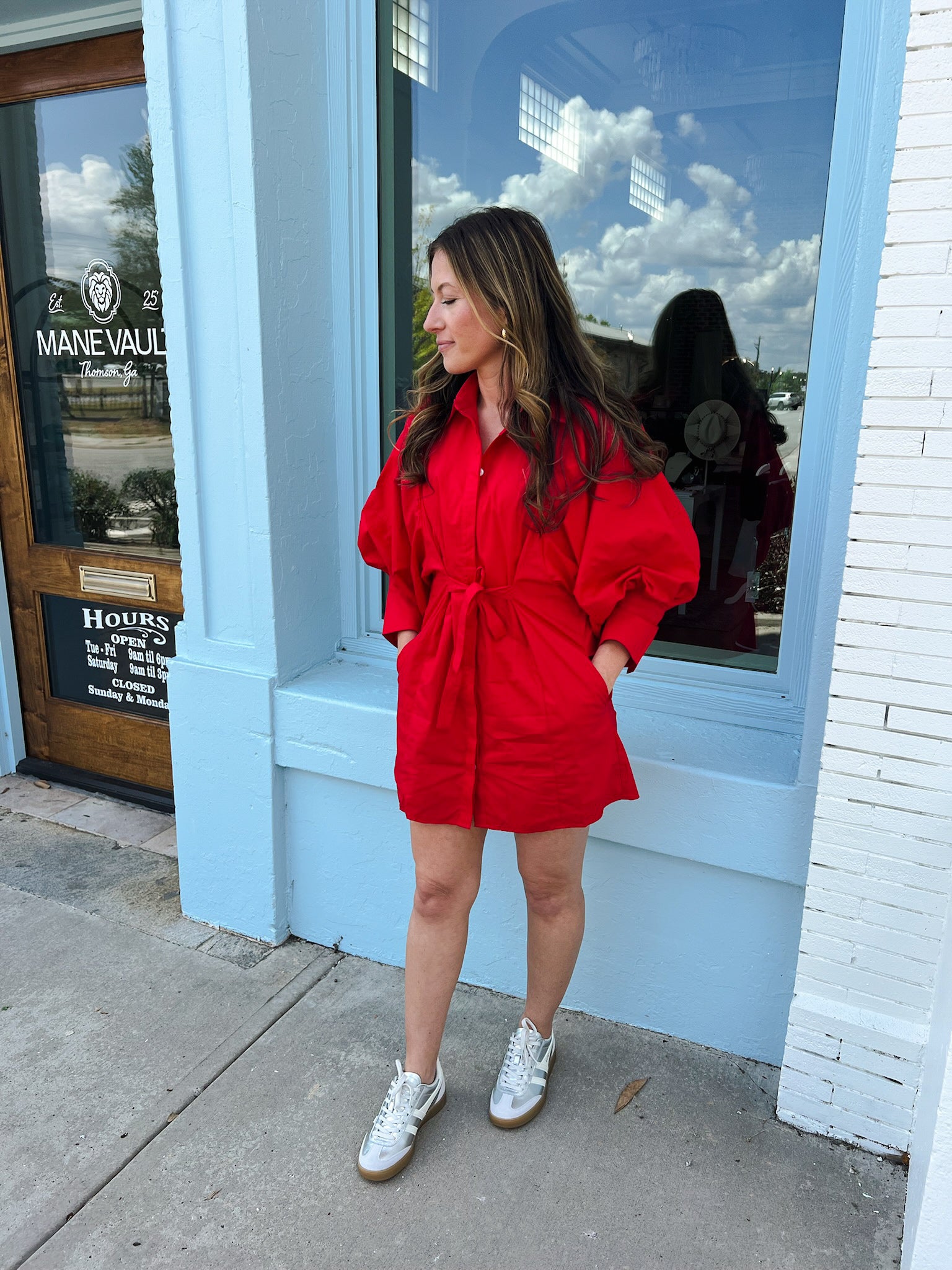 Elle Long Sleeve Shirt Dress - Red