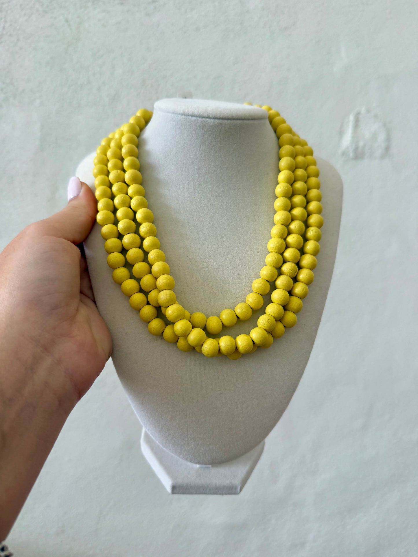 Three Row Wooden Ball Necklace - Yellow