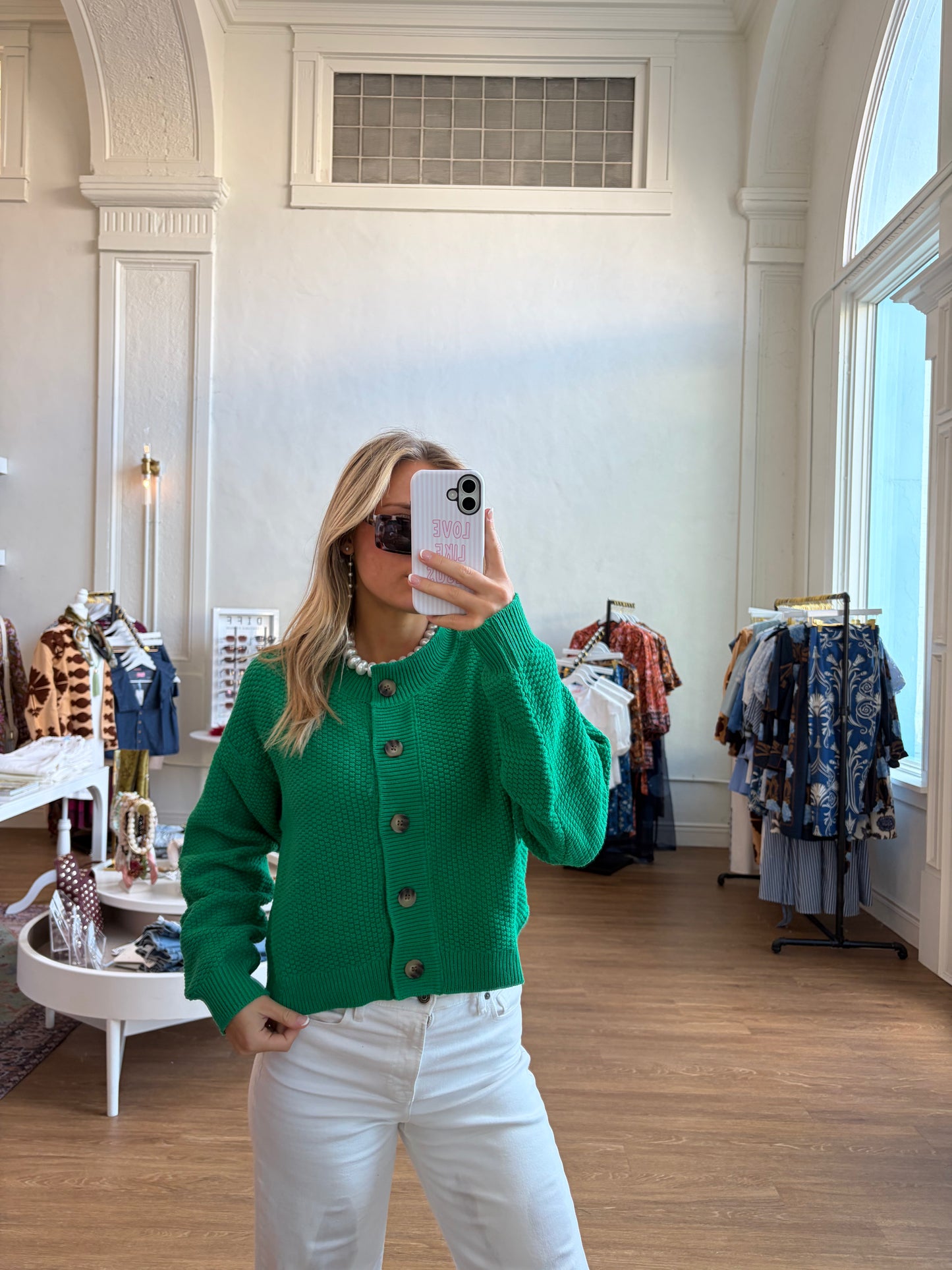Textured Button Front Cardigan Sweater-Green