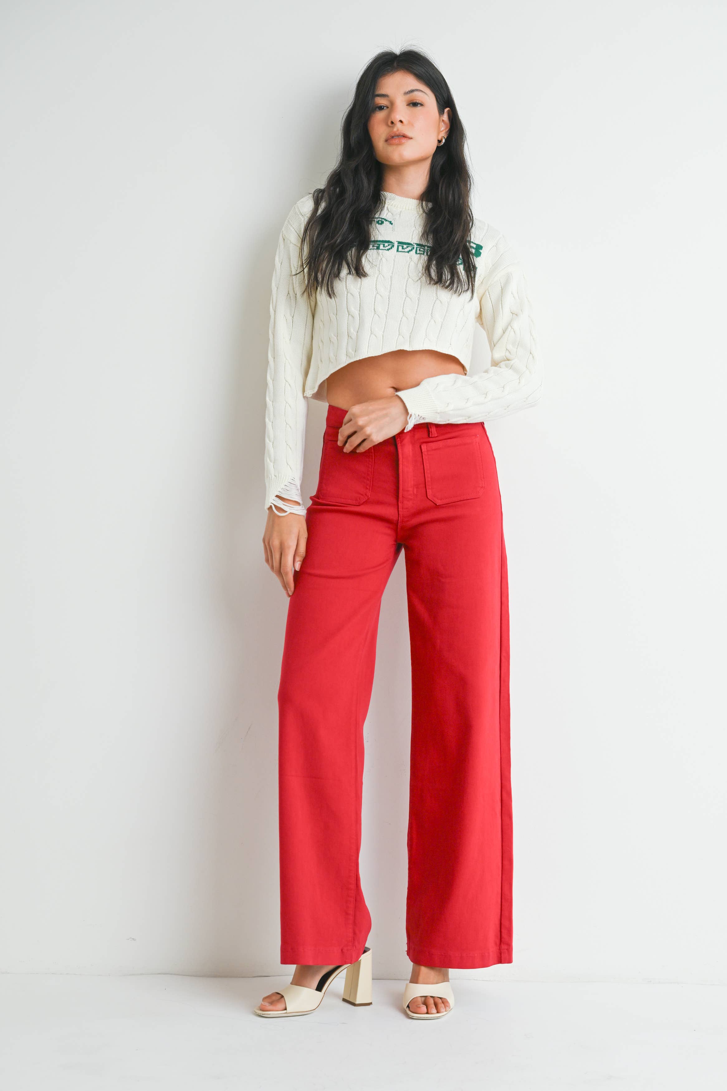 Mini Patch Pocket Wide Leg Pants - Red