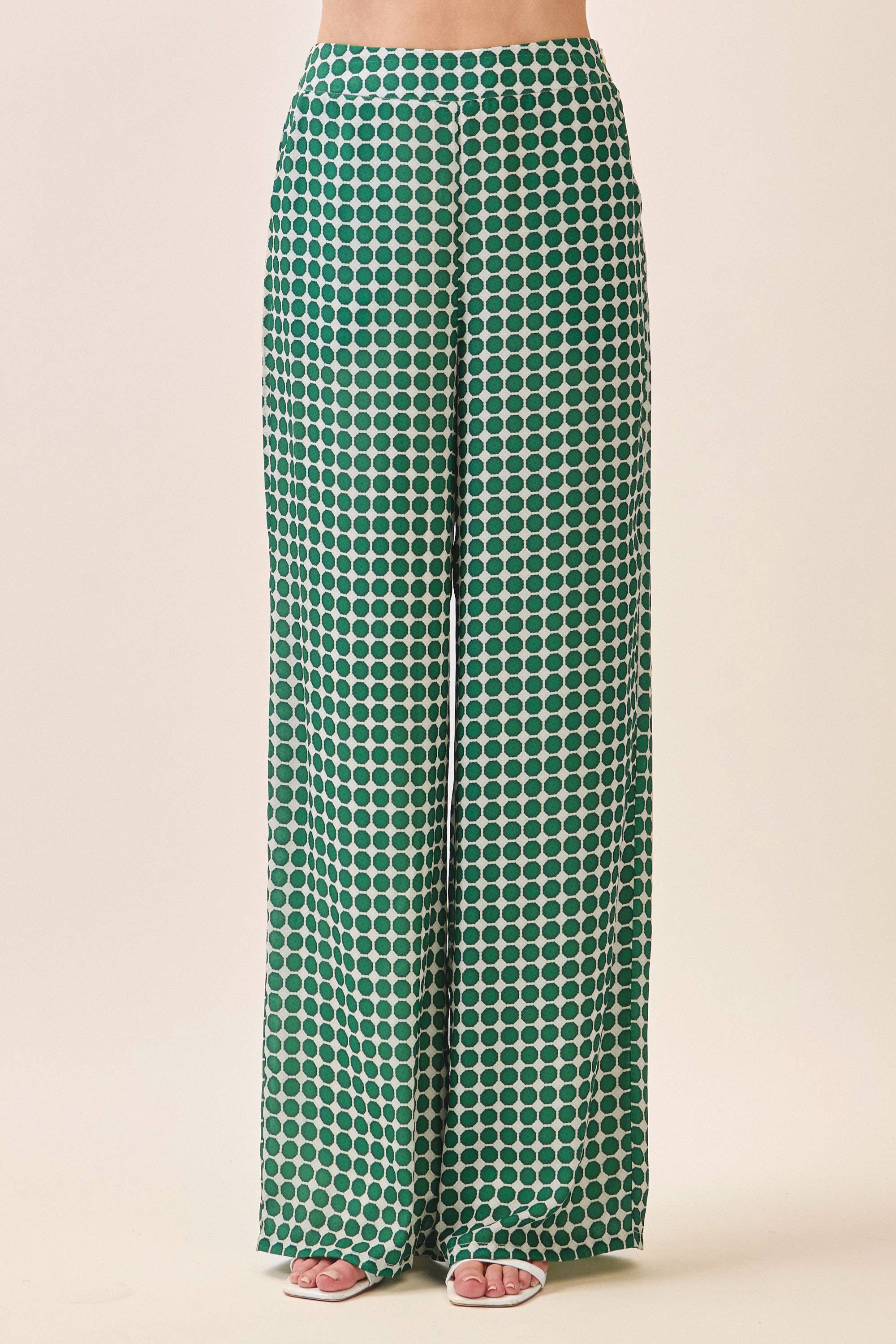 Geo Dot Print Wide Leg Pants-Green