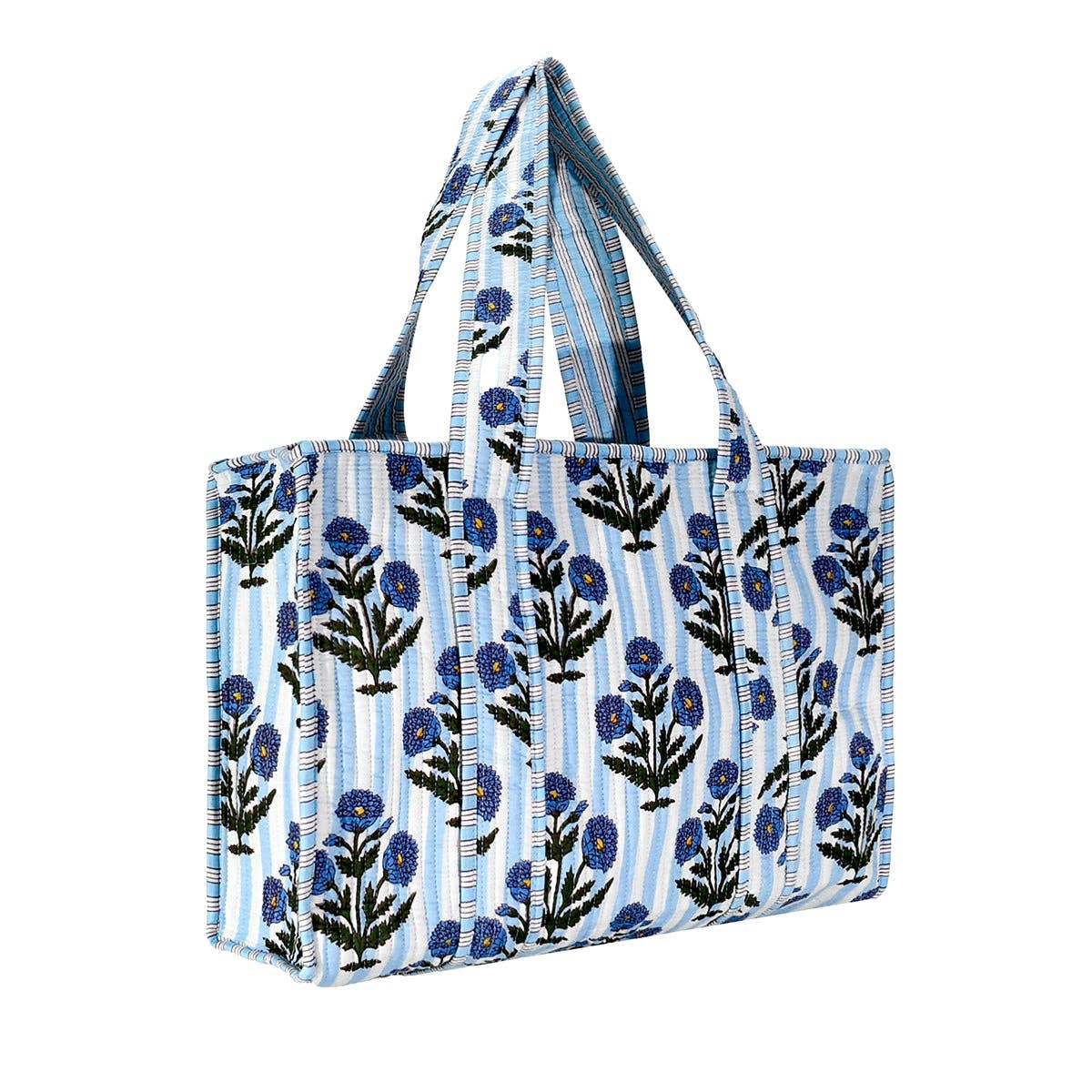 Cotton Block Print Tote Bag-Blue Stripe