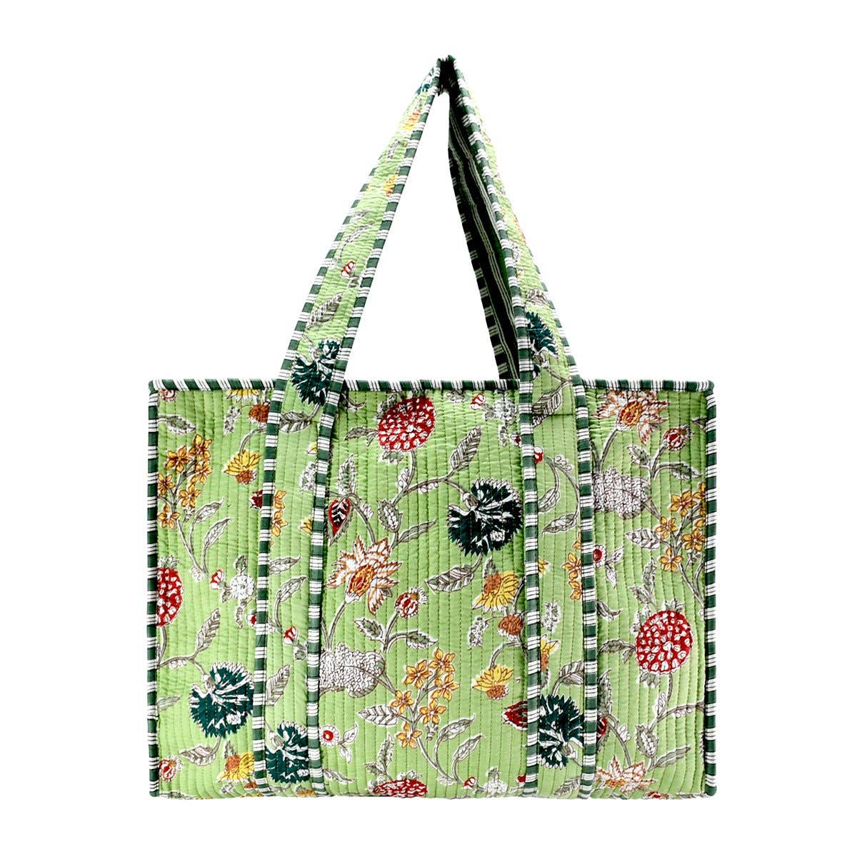 Cotton Block Print Tote Bag-Green