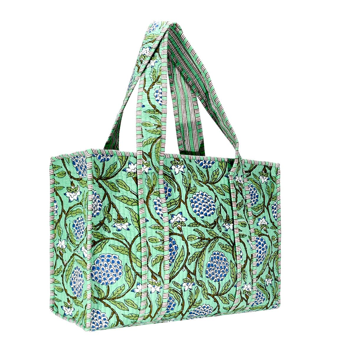 Cotton Block Print Tote Bag-Mint