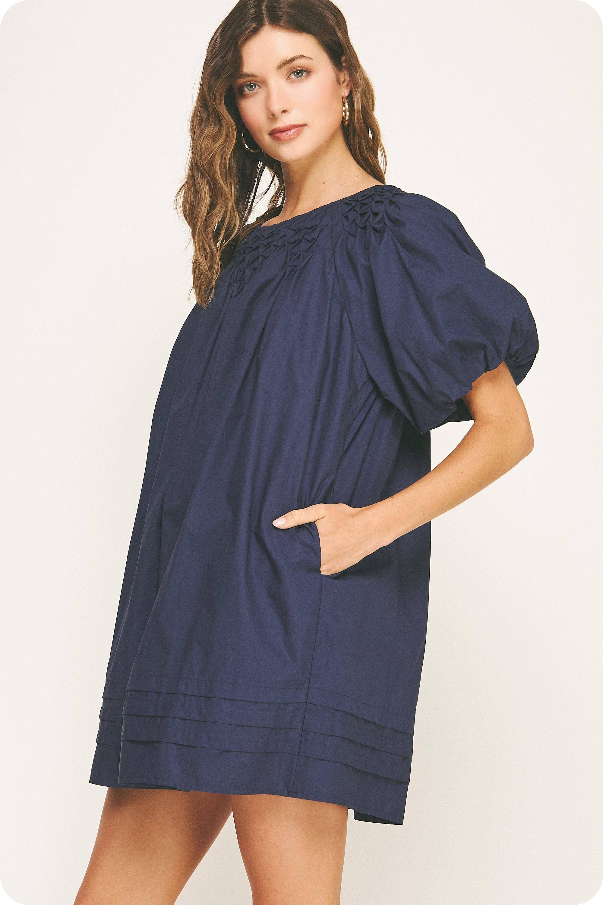 Hannah Puff Sleeve Mini Dress-Navy