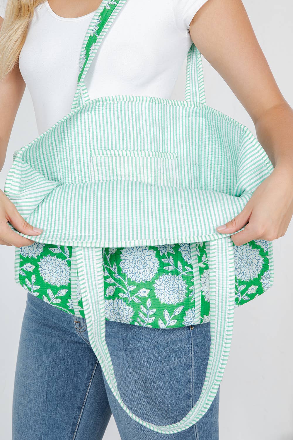 Quilted Reversible Tote Bag - Green/White