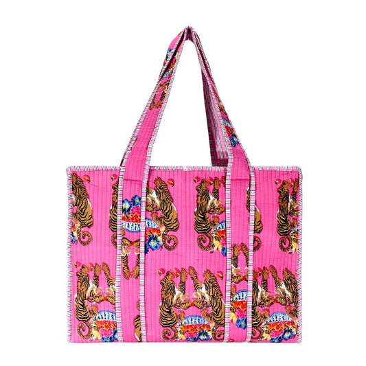 Cotton Block Print Tote Bag - Hot Pink
