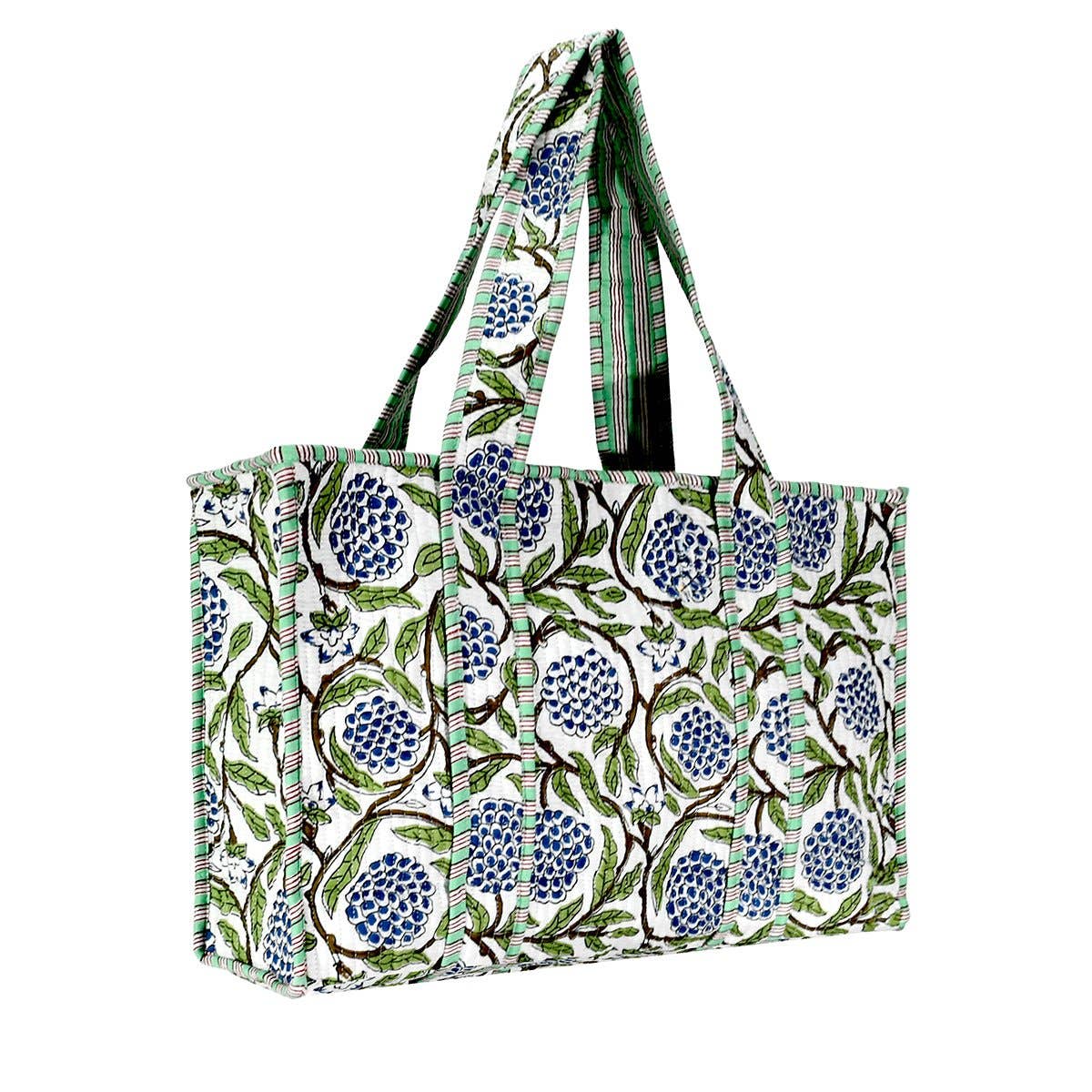Cotton Block Print Tote Bag-White/Green
