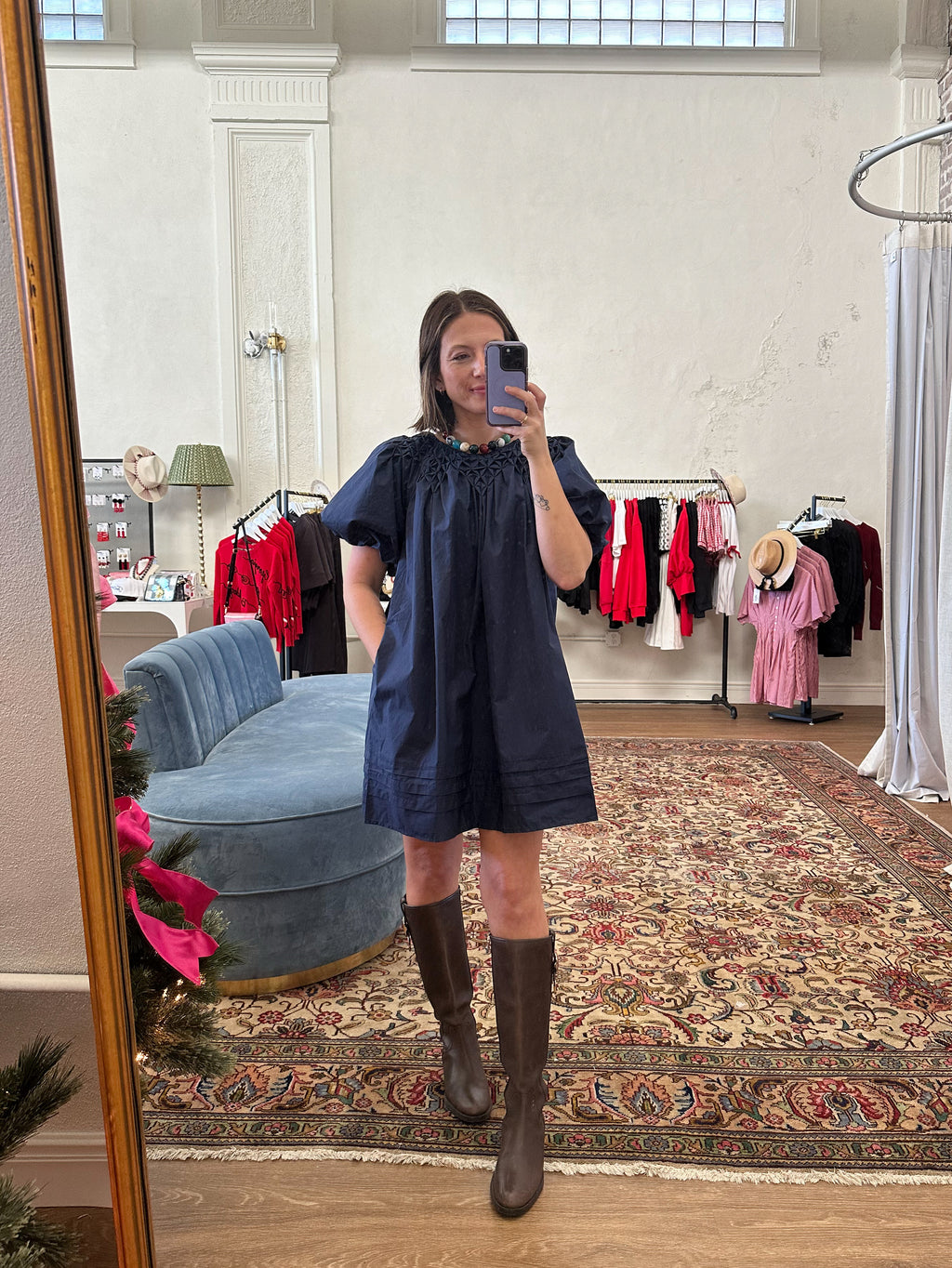 Hannah Puff Sleeve Mini Dress-Navy