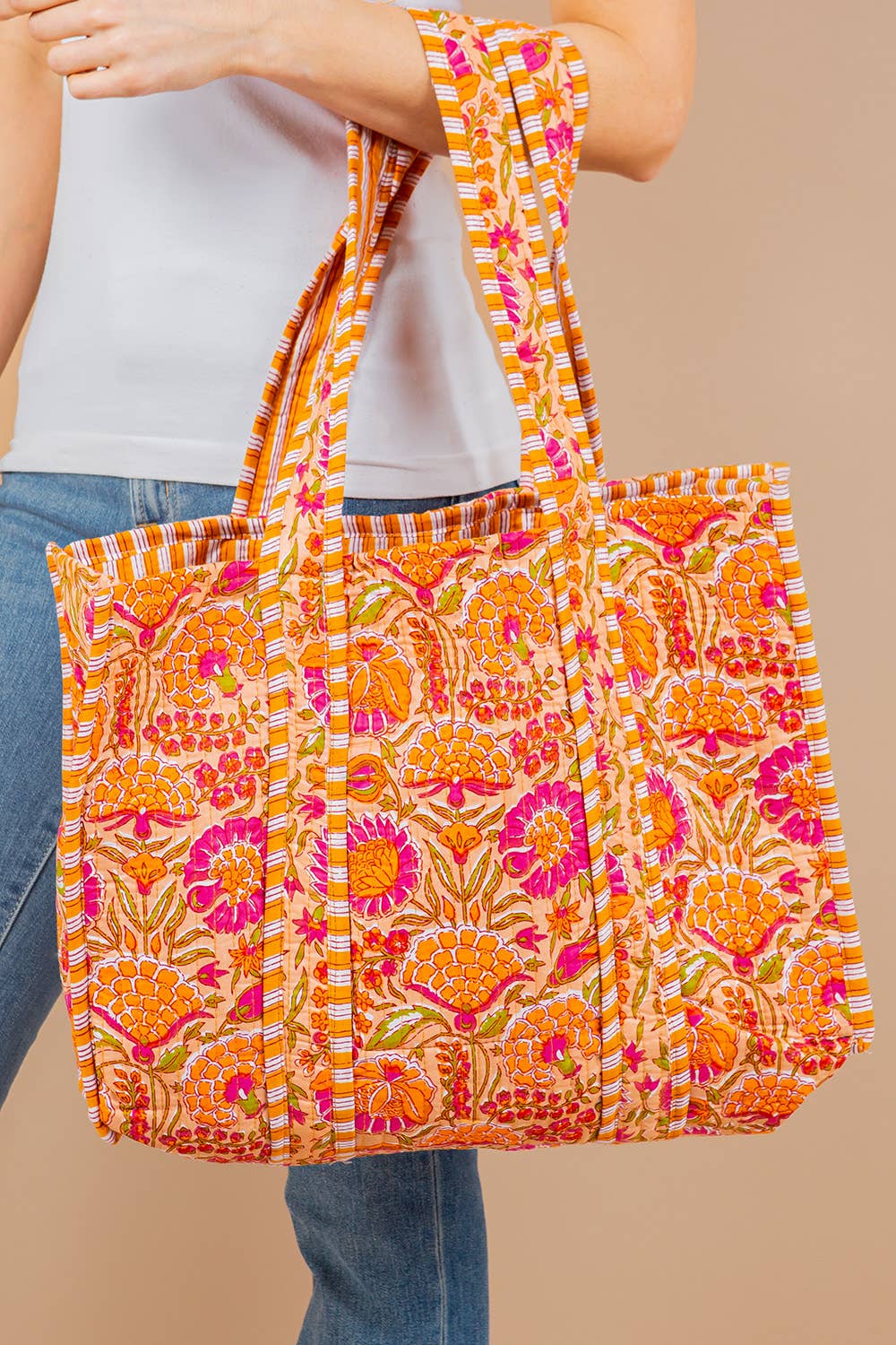 Quilted Reversible Tote Bag - Orange/Pink