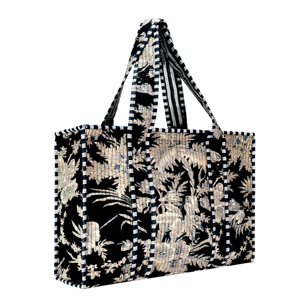 Cotton Block Print Tote Bag-Black