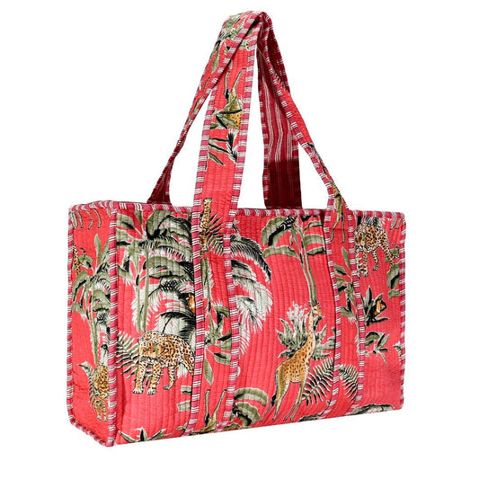 Cotton Block Print Tote Bag - Coral
