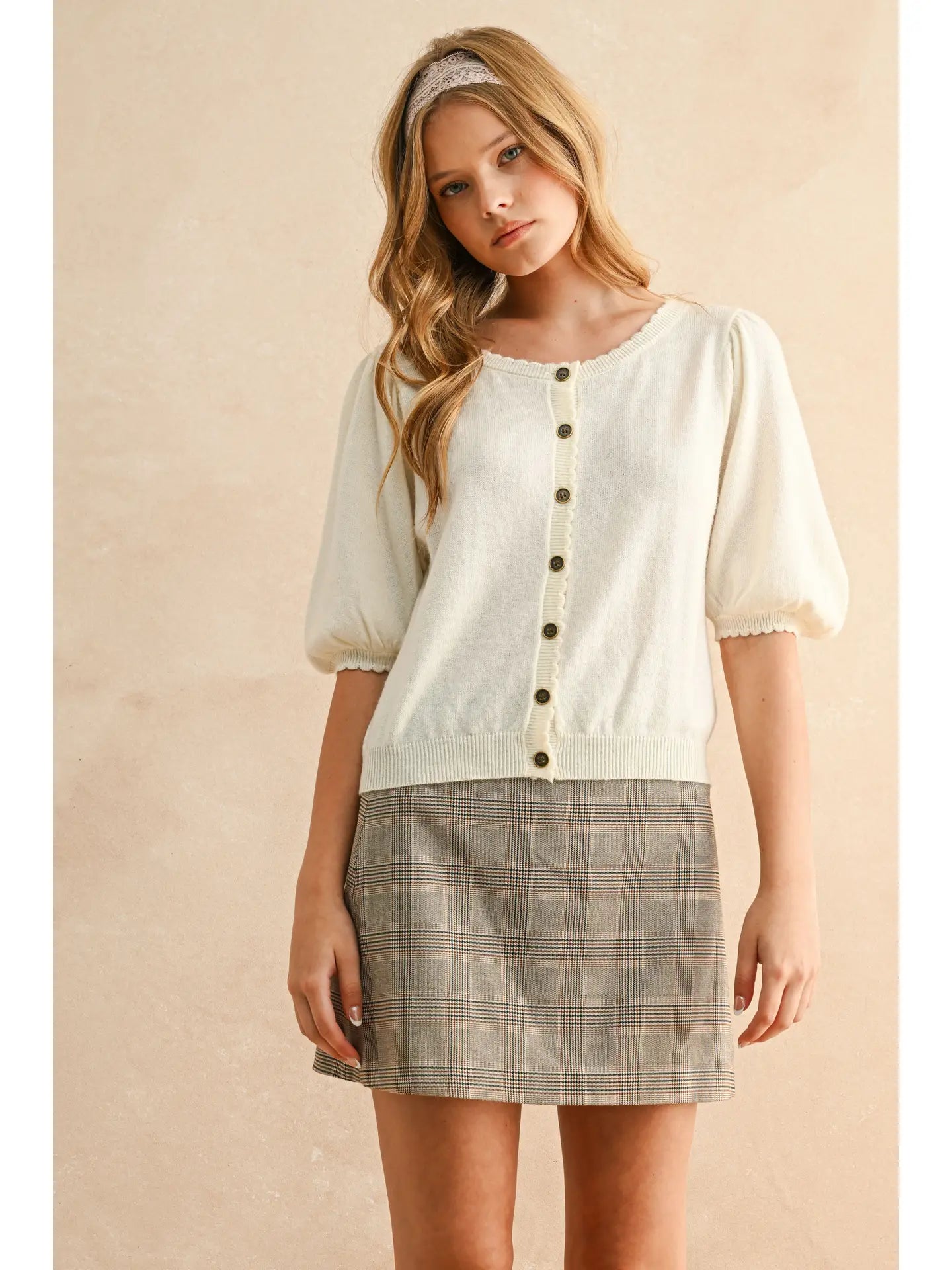 Kelsey Puff Short Sleeve Cardigan - Cream