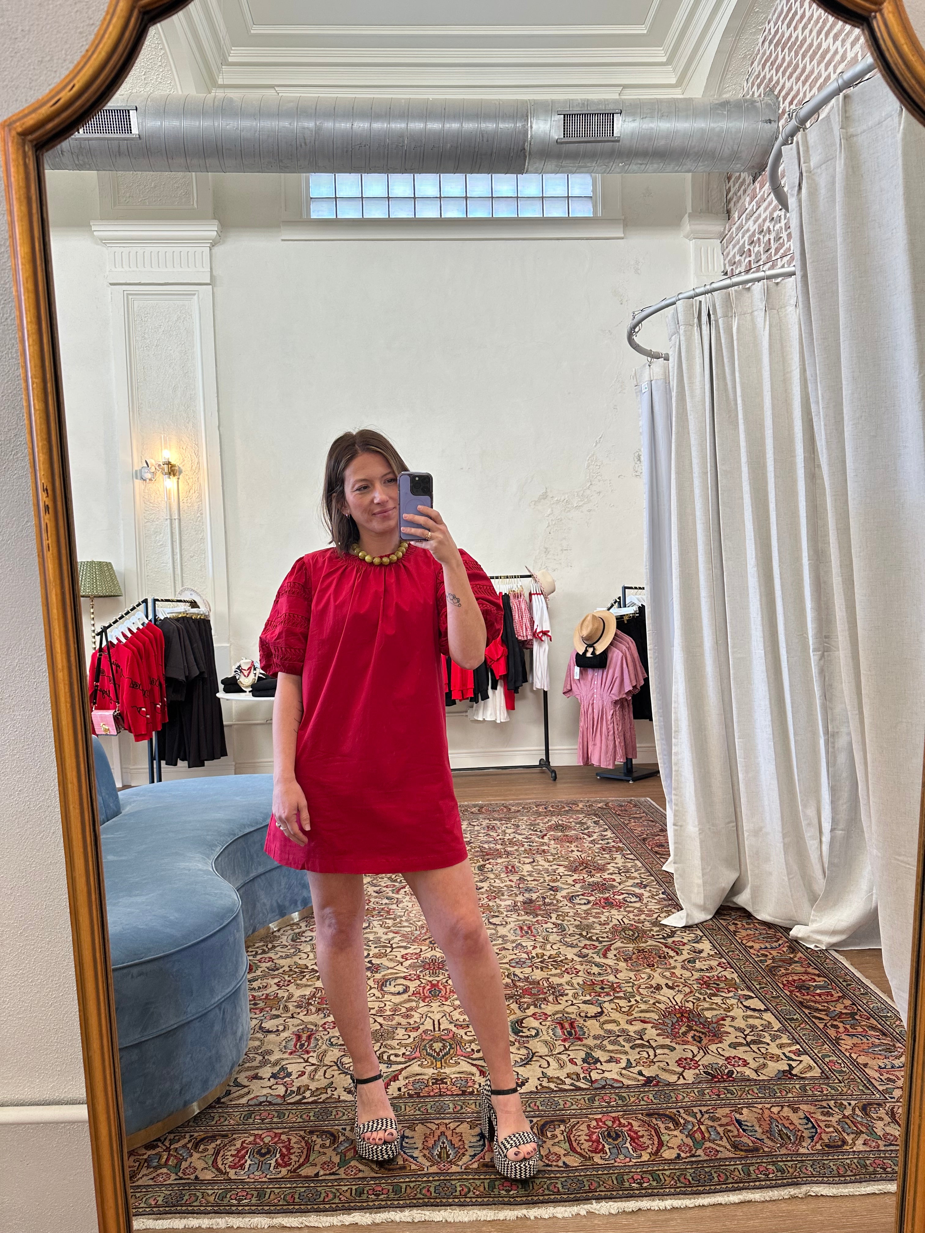 Hannah Puff Sleeve Mini Dress-Red