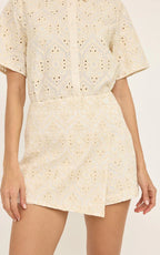 Crossover Eyelet Crochet Skort-Natural