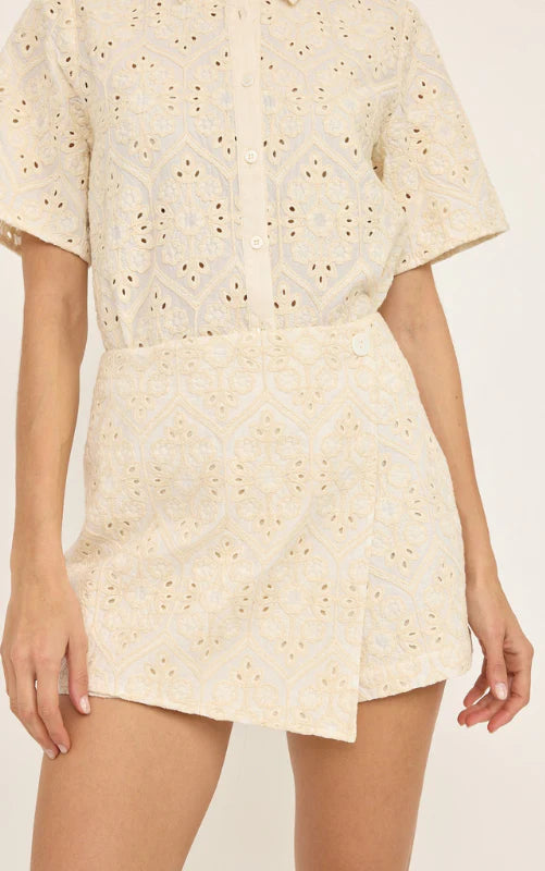 Crossover Eyelet Crochet Skort-Natural