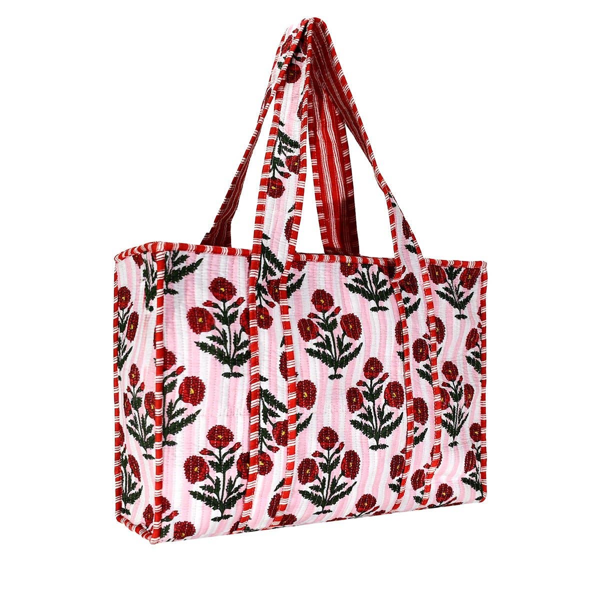 Cotton Block Print Tote Bag-Pink Stripe
