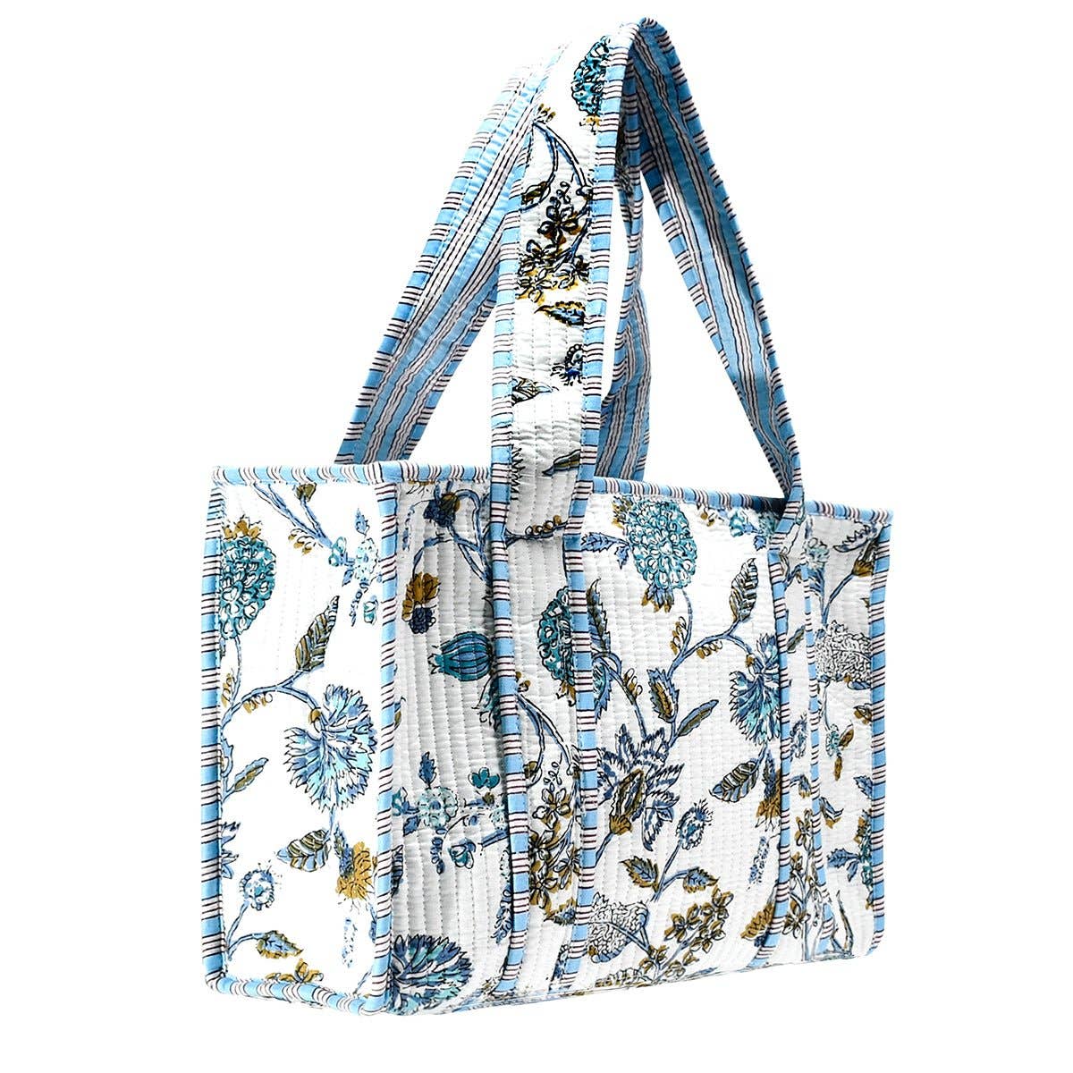 Cotton Block Print Tote Bag-Blue