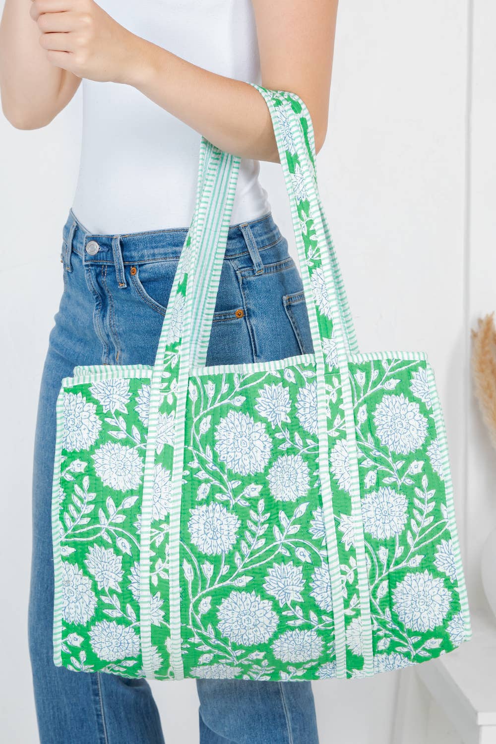 Quilted Reversible Tote Bag - Green/White