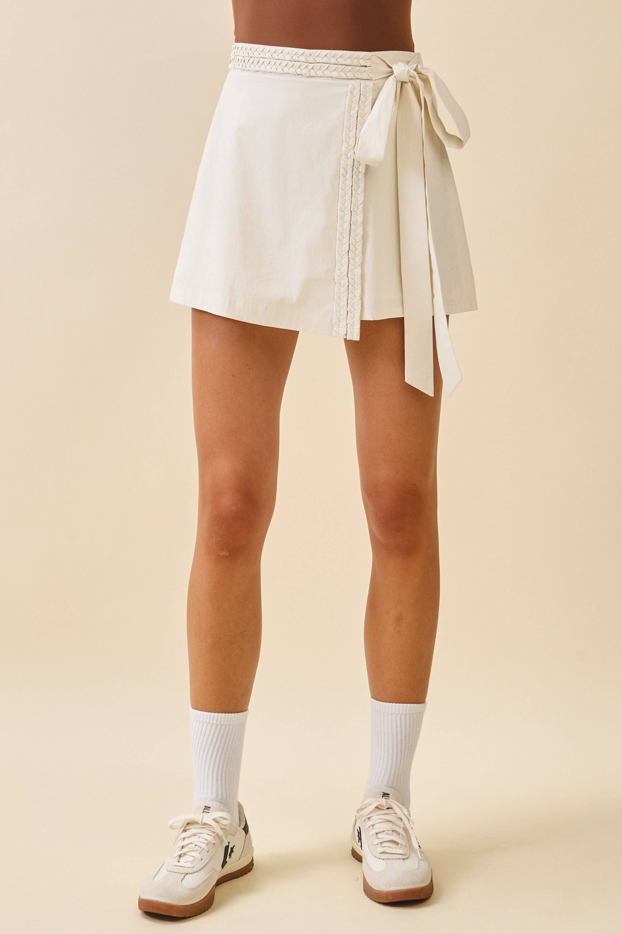 Wrap Front Tie Braided Skort - Cream