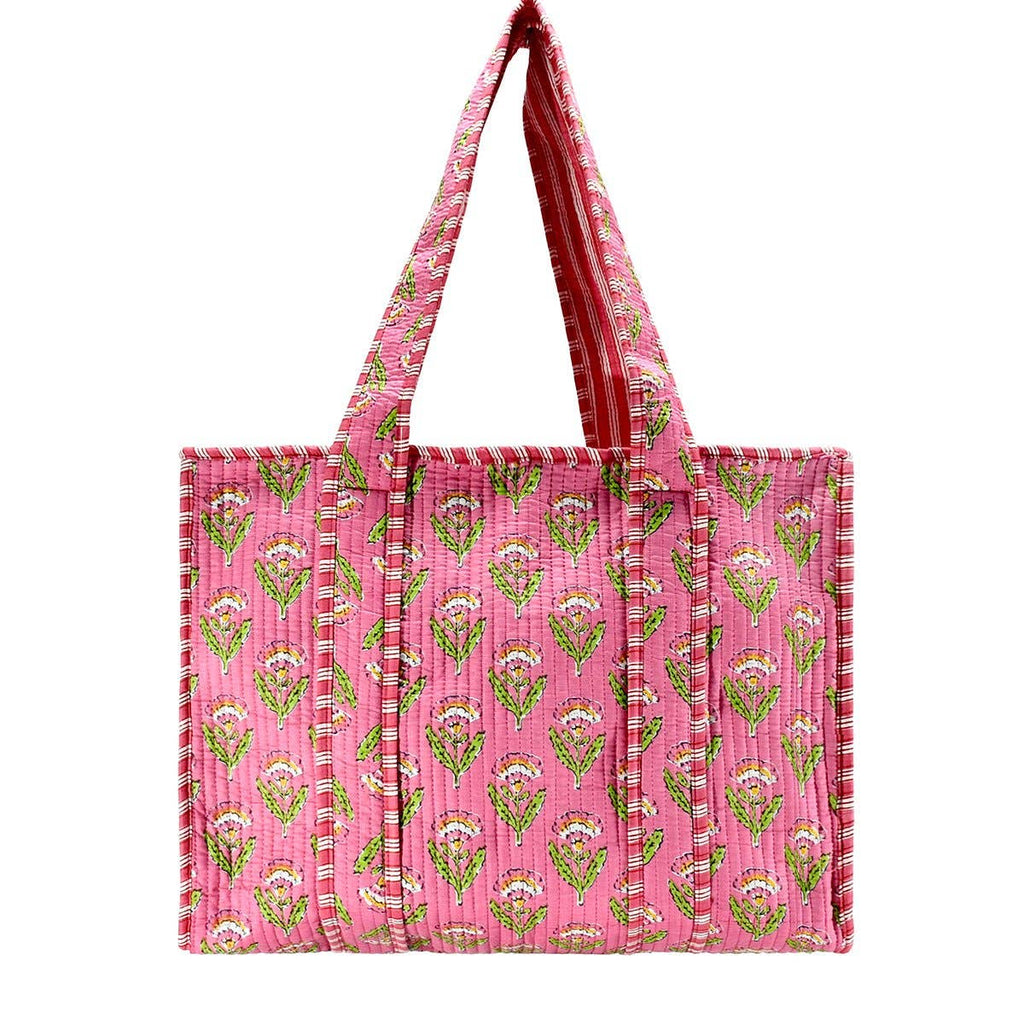 Cotton Block Print Tote Bag-Pink