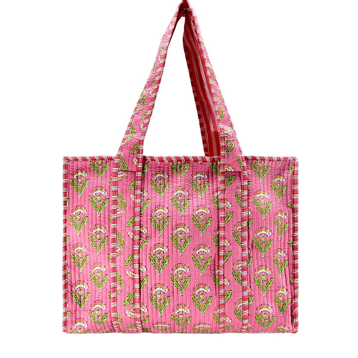 Cotton Block Print Tote Bag-Pink