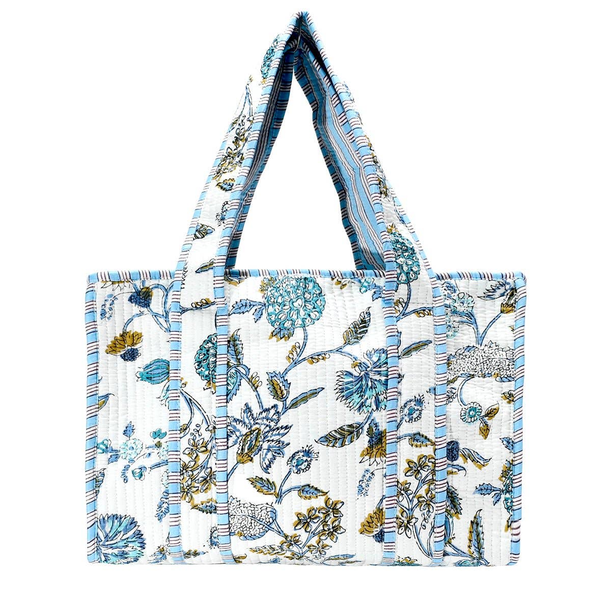 Cotton Block Print Tote Bag-Blue