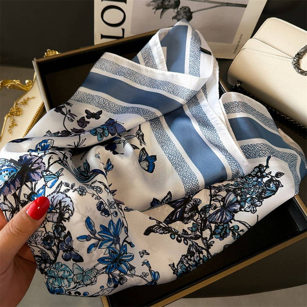 Silky Butterfly Print Scarf - Blue