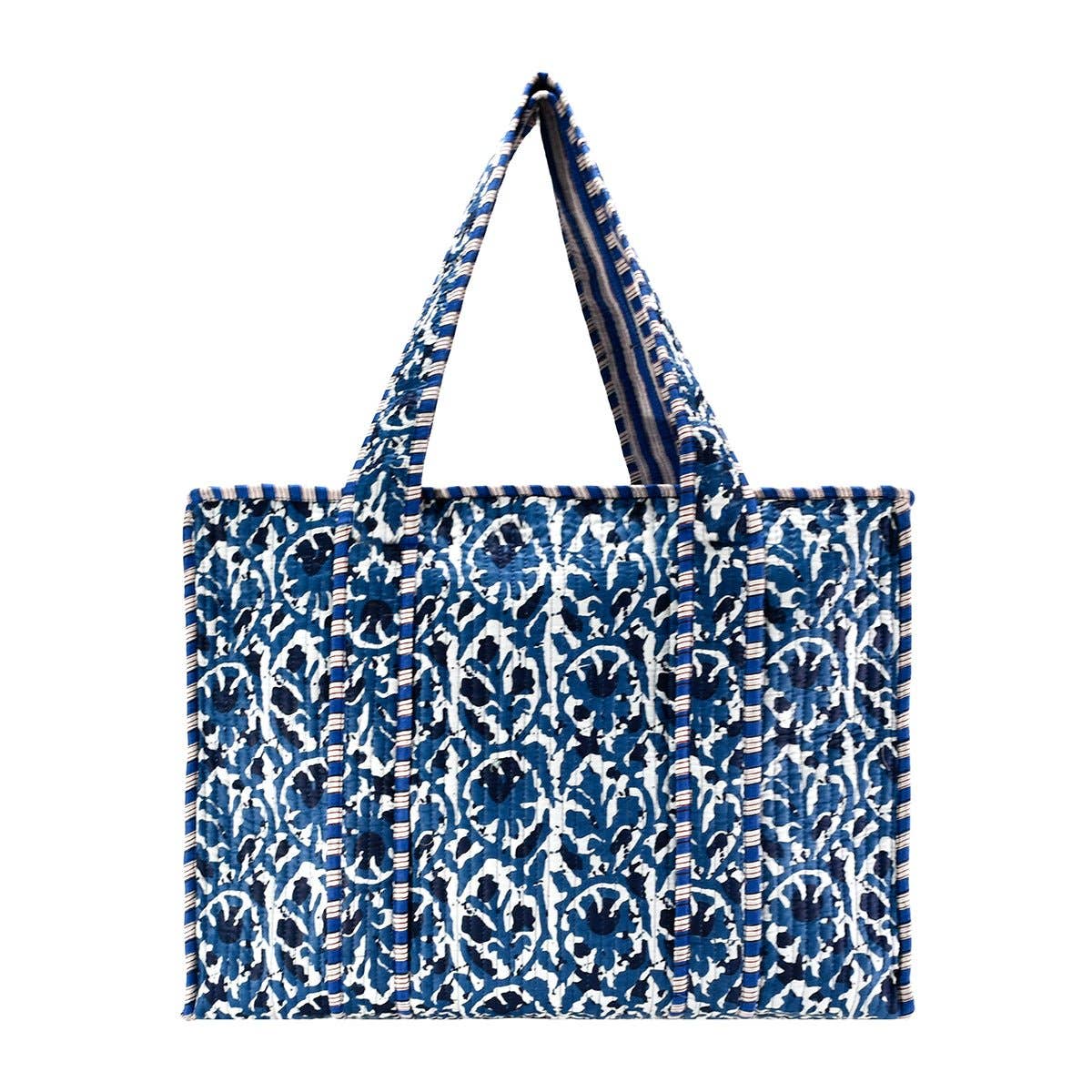Cotton Block Print Tote Bag-Navy