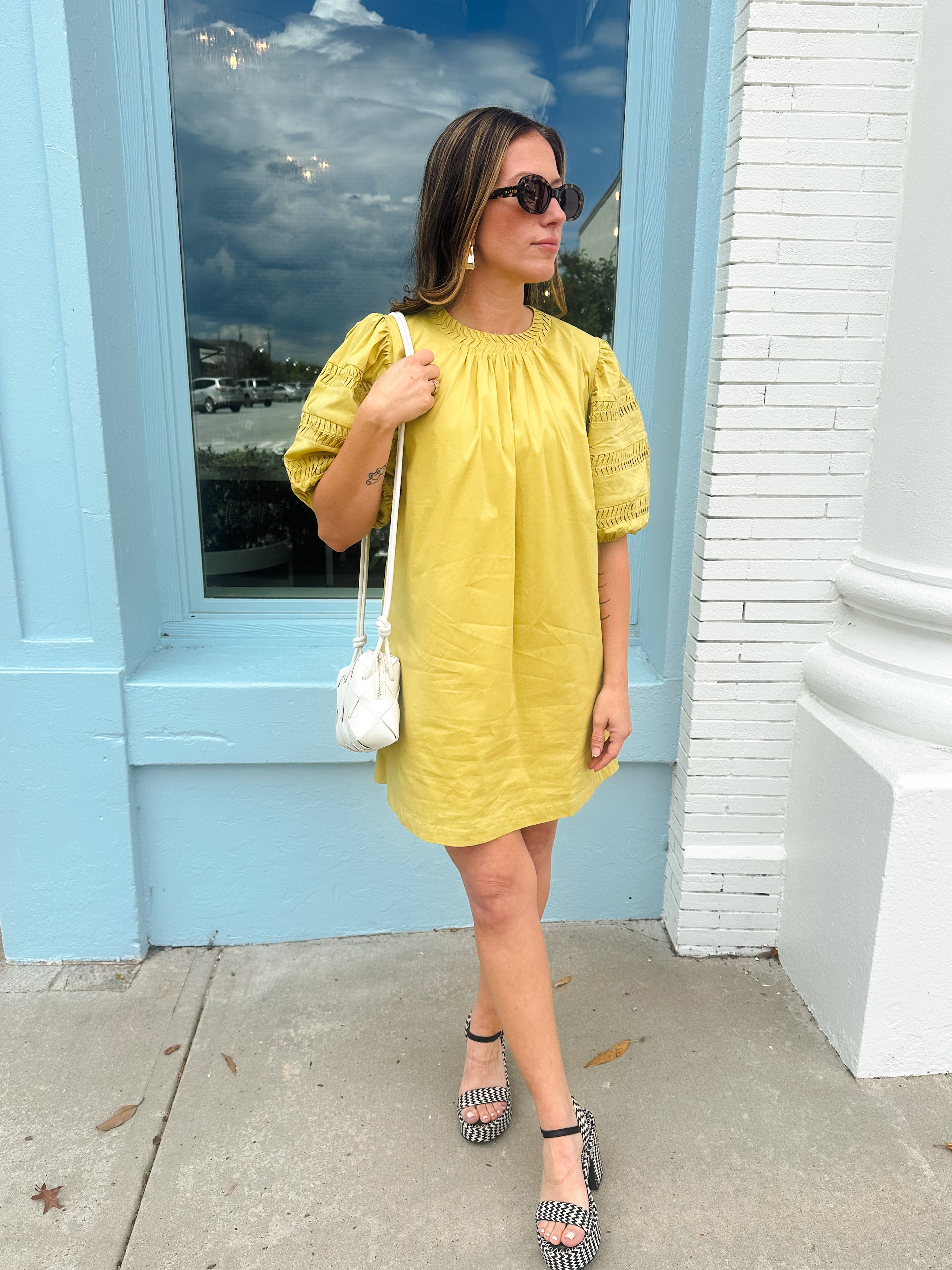 Hannah Puff Sleeve Mini Dress-Chartreuse