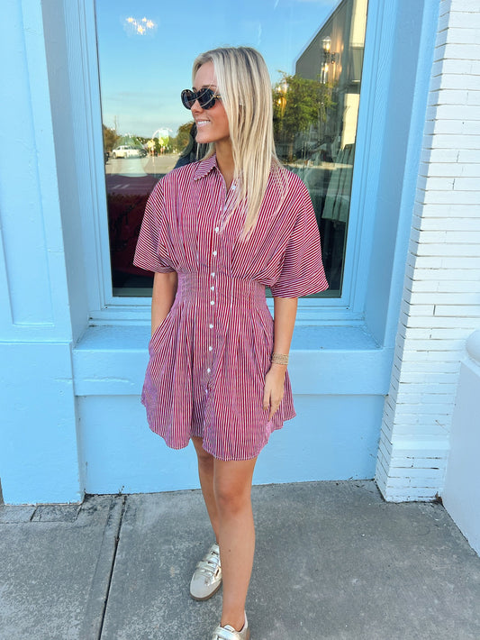 The Callie Pleated Mini Dress - Red Stripe