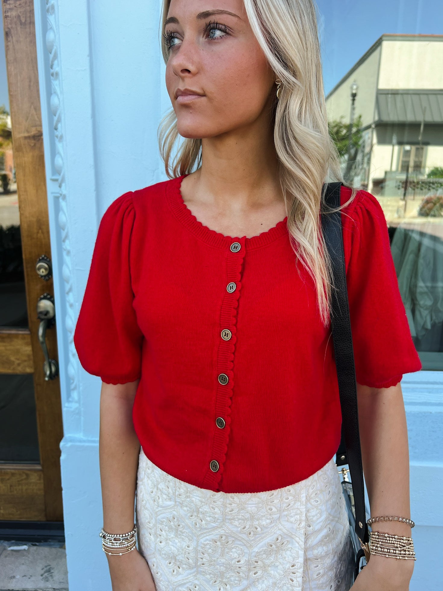 Kelsey Puff Short Sleeve Cardigan - Red