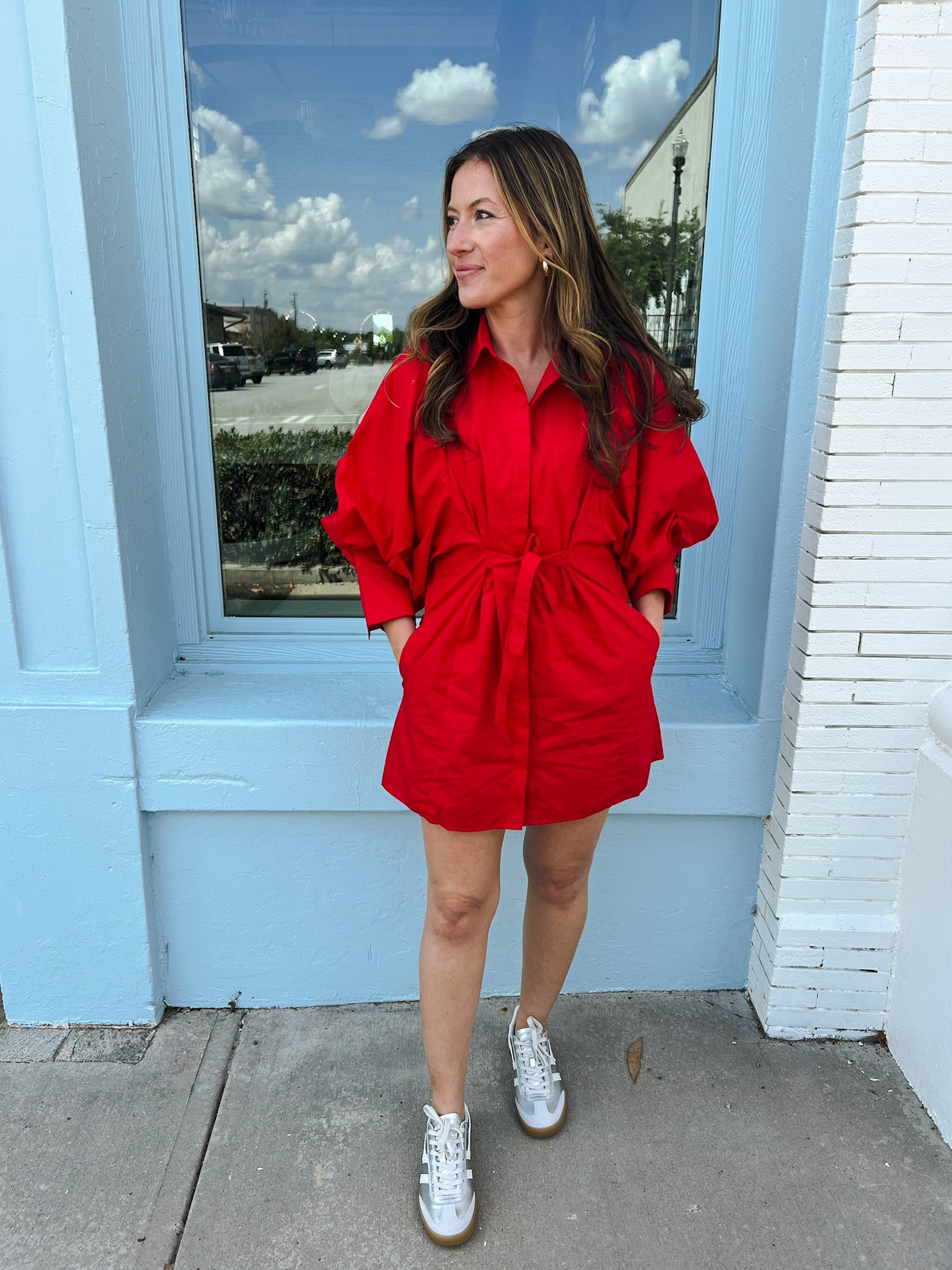 Elle Long Sleeve Shirt Dress - Red