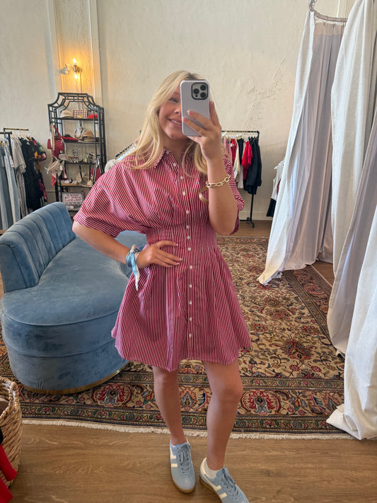 The Callie Pleated Mini Dress - Red Stripe