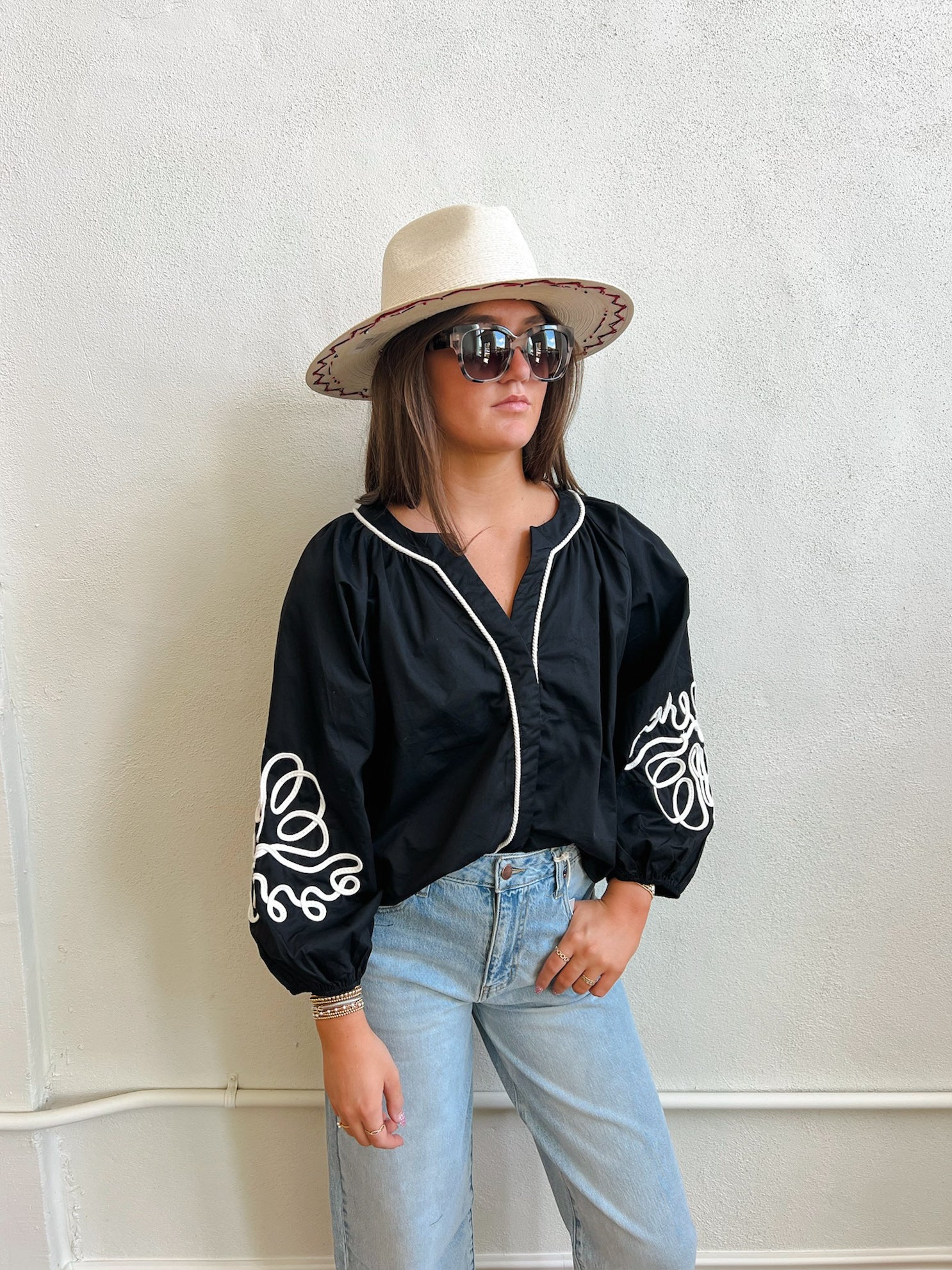 Bold Embroidery Voluminous Puff Sleeves Blouse - Black