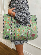 Cotton Block Print Tote Bag-Green