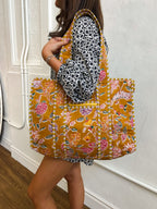 Cotton Block Print Tote Bag-Saffron