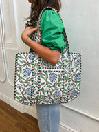 Cotton Block Print Tote Bag-White/Green