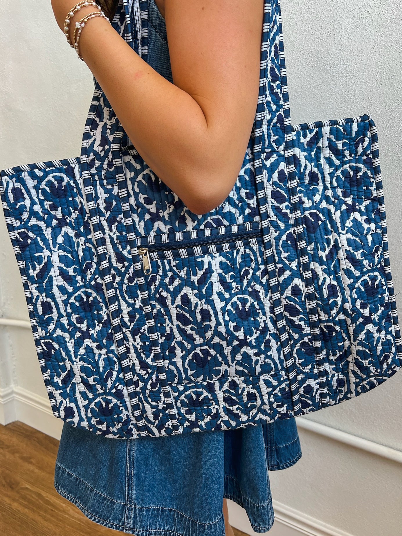 Cotton Block Print Tote Bag-Navy