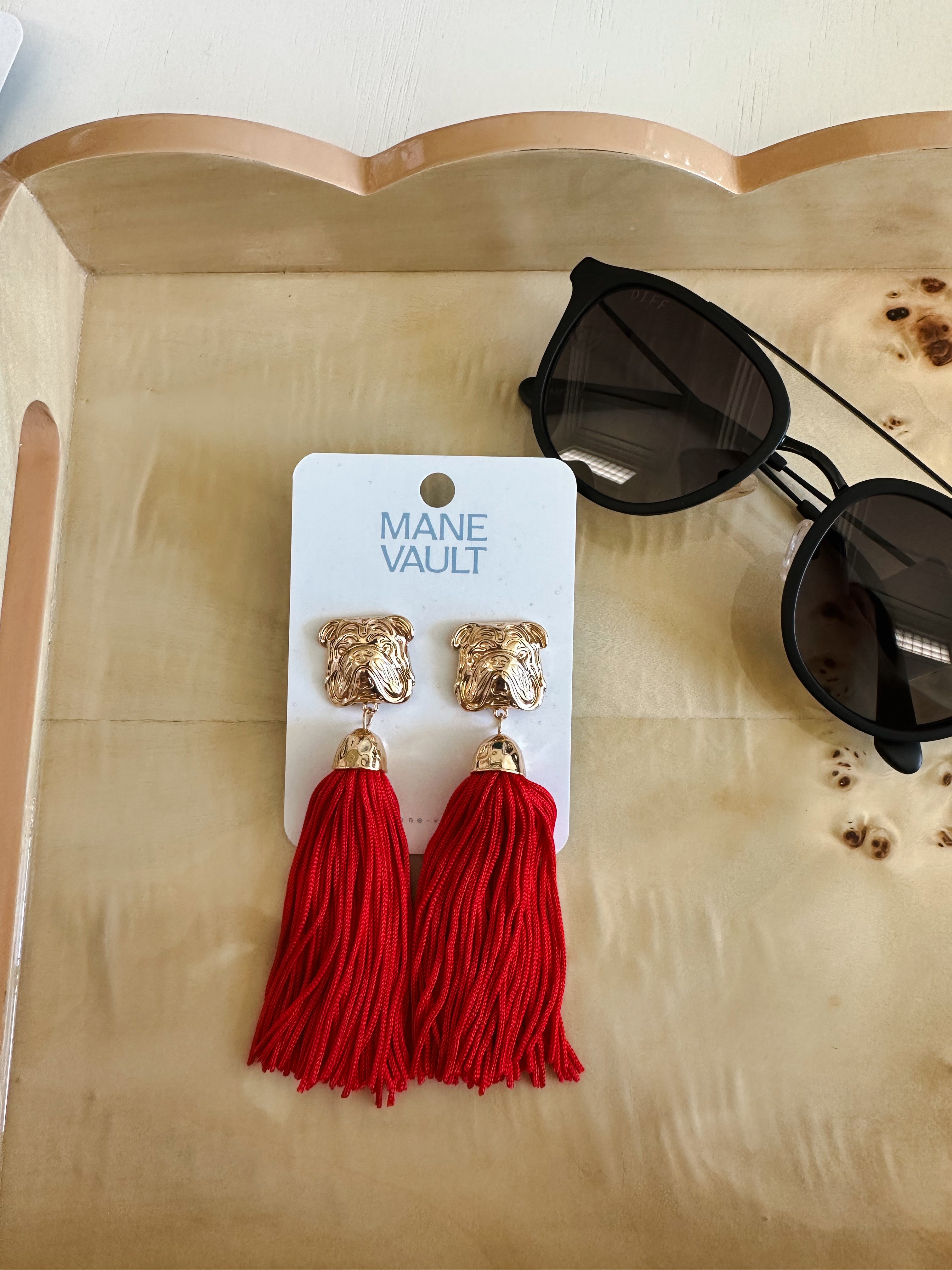Red Bulldog Tassel Earrings