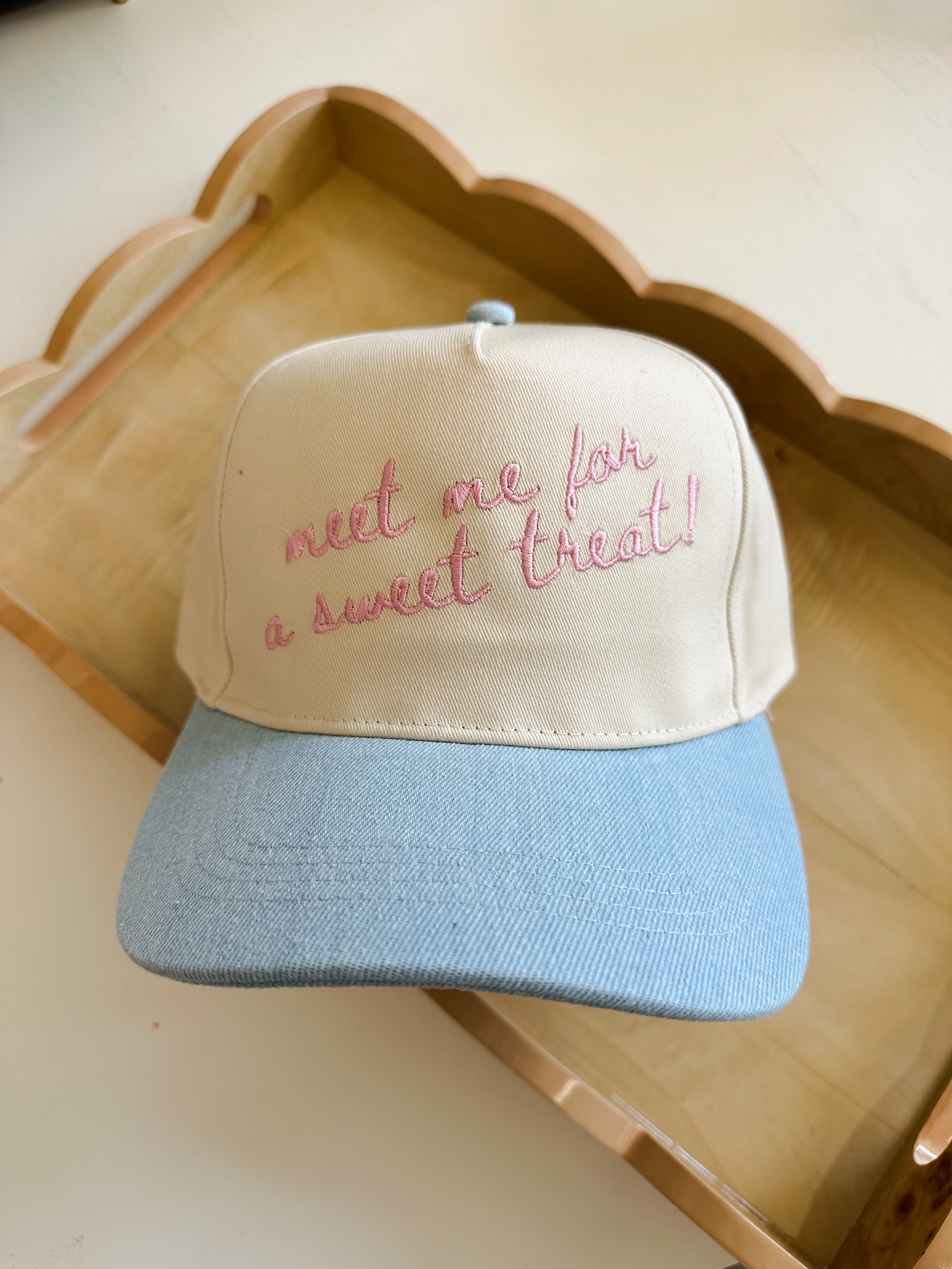 Meet Me For A Sweet Treat! Hat-tan/blue/pink