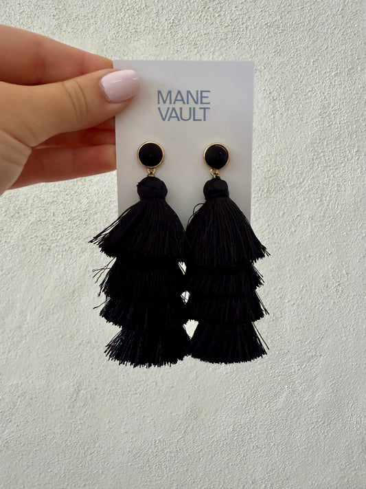 Layered Tassel Earrings - Black