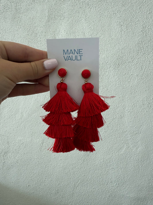 Layered Tassel Earrings - Red