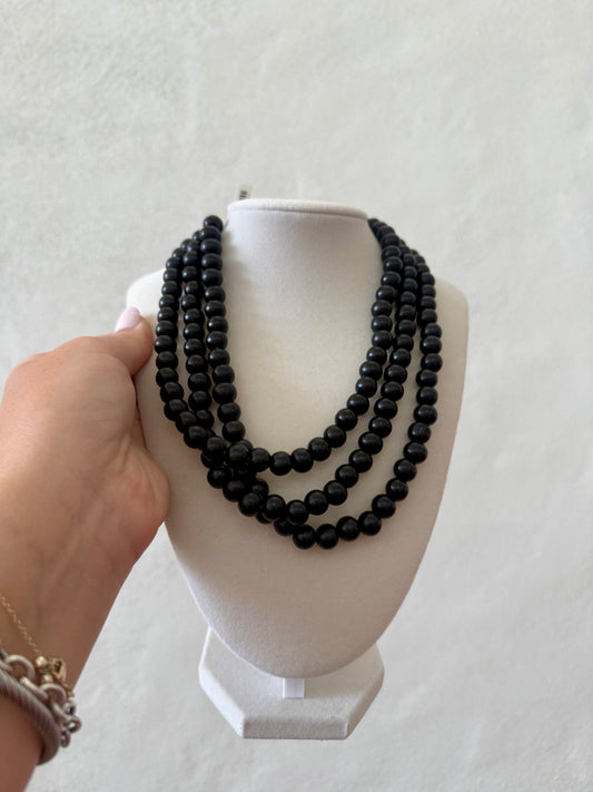 Three Row Wooden Ball Necklace - Black