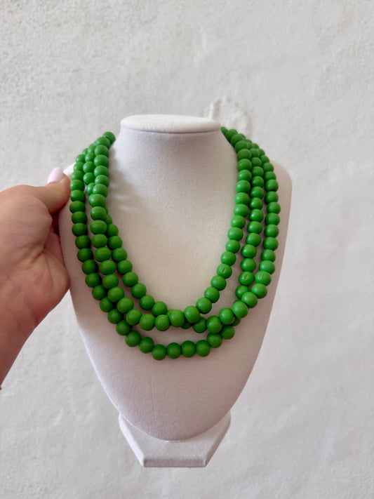 Three Row Wooden Ball Necklace - Green