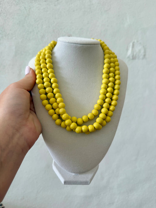Three Row Wooden Ball Necklace - Yellow