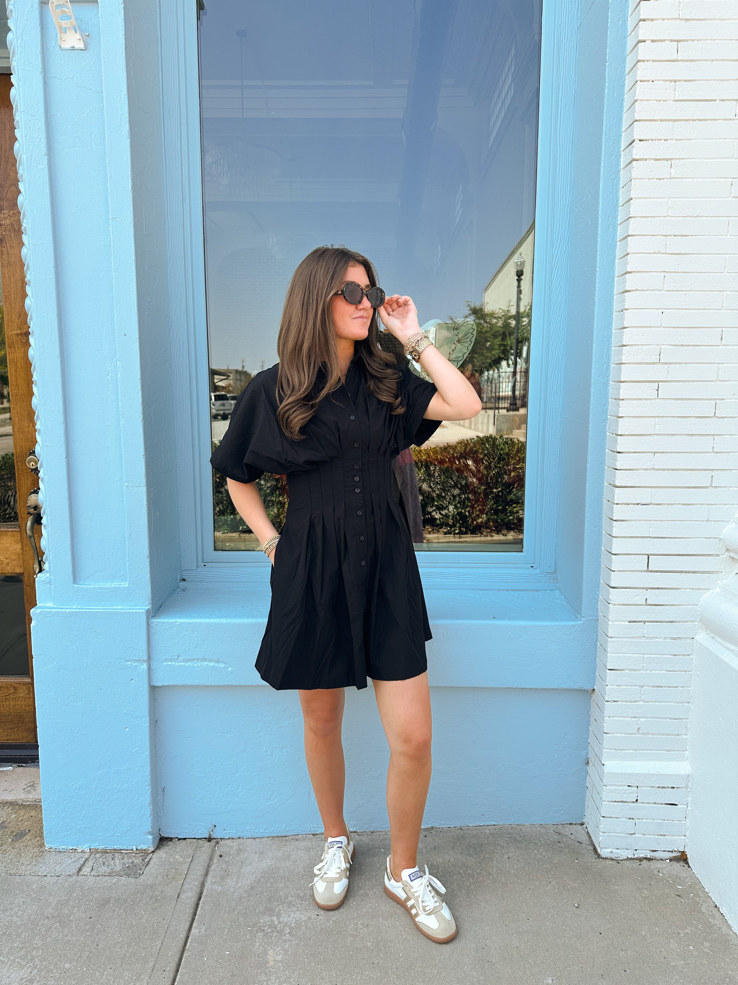 Pintuck Shirt Dress - Black
