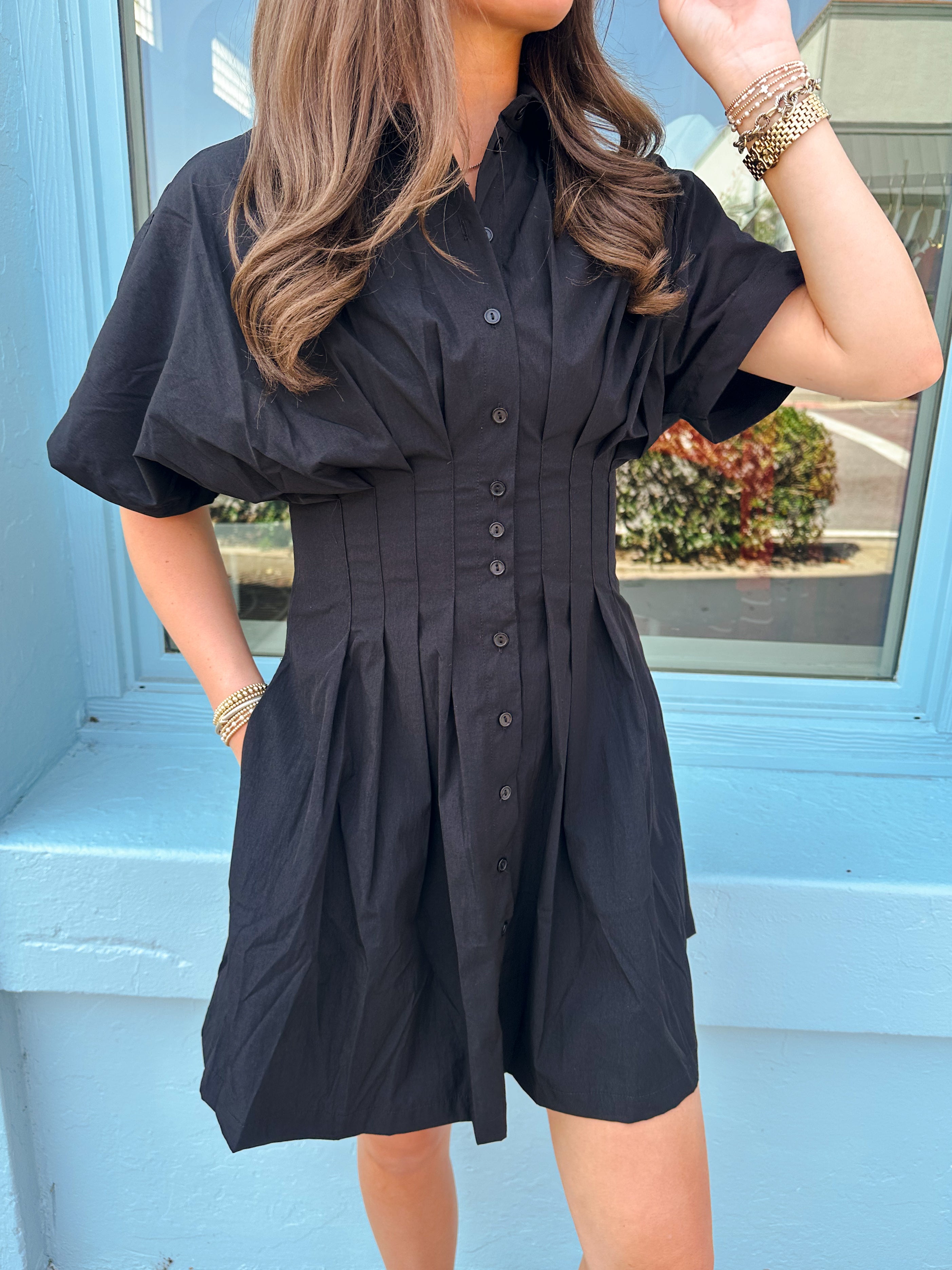 Pintuck Shirt Dress - Black