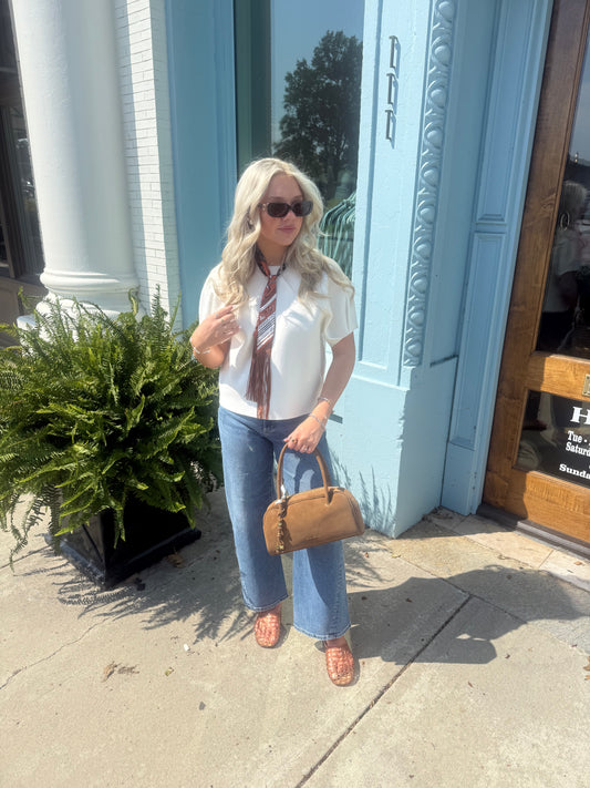 The Ellie Round Neck Puff Sweater Top- Ivory